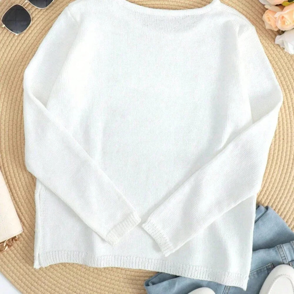 White Casual Women's Loose Letter Print Long Sleeve Knitted Pullover - Picture 2 of 3